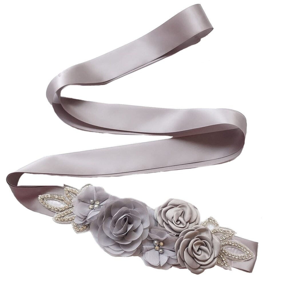 5379 Sash Belt with Flowers Pearls Rhinestone for Wedding Bride/Baby Shower